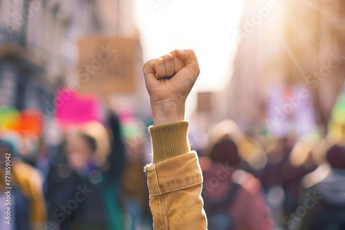 Close up of a fist raised in the air at an outdoor political protest photo