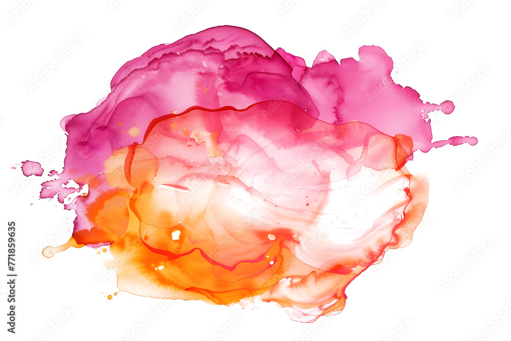 Pink and orange swirling watercolor paint stain on white background.