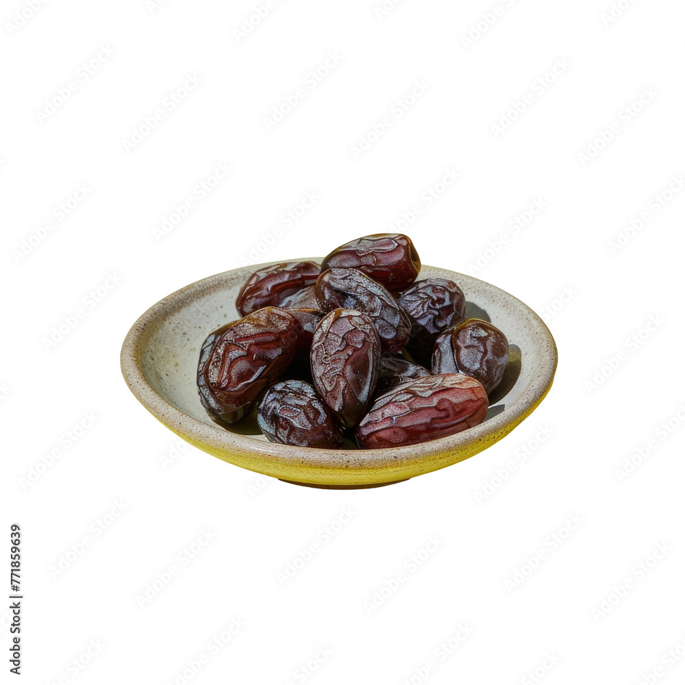 Tableware yellow bowl with dates on transparent background Tableware yellow bowl with dates on transparent background