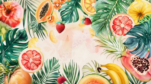 Tropical fruit watercolor pattern, exotic citrus and foliage, vibrant summer background with copy space
