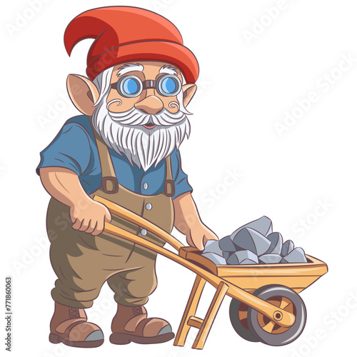 Fabulous bearded gnome builder with glasses in a red cap near a wheelbarrow with stones isolated on a white background.
