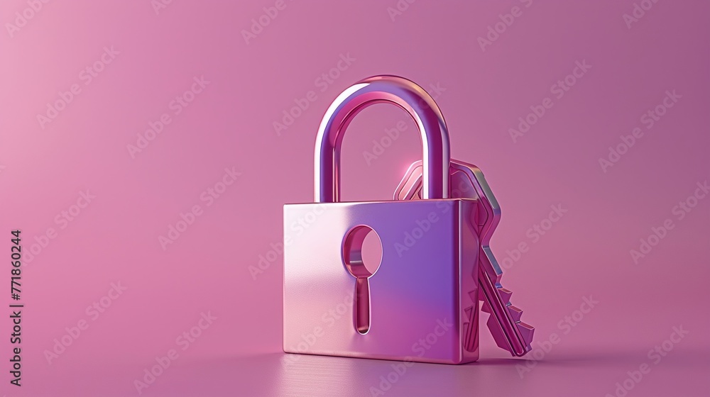 3D padlock with key icon, isolated on a purple pastel background, symbolizing secure access 3D padlock with key icon, isolated on a purple pastel background, symbolizing secure access