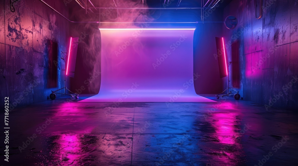Studio room for display products, banner, advertising photography, dark and purple Wall background, an empty scene, neon spotlights reflection on the floor