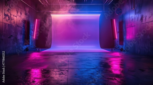 Studio room for display products  banner  advertising photography  dark and purple Wall background  an empty scene  neon spotlights reflection on the floor
