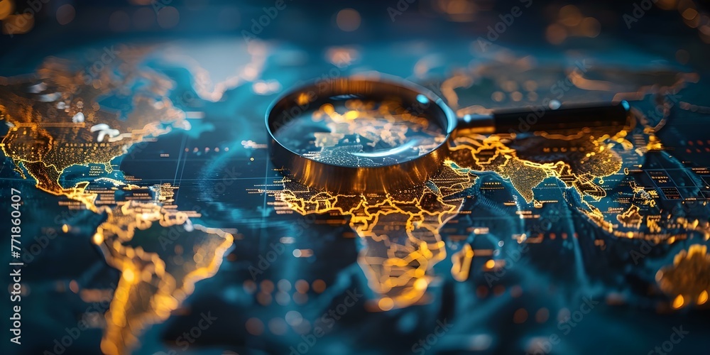 A magnifying glass on a world map with a blue background symbolizing ...