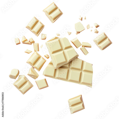 White chocolate bar broken on transparent background  creating an artistic pattern