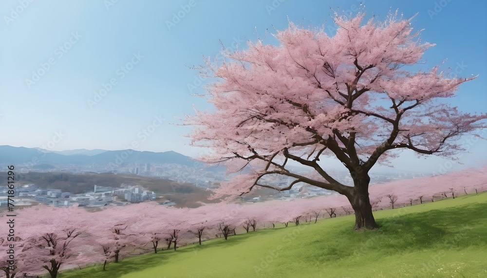 A sakura tree whose leaves are falling. It's on a hill. There are plains, green grass, and wildflowers all around. The day is clear and sunny. The style is realistic, photo 8k