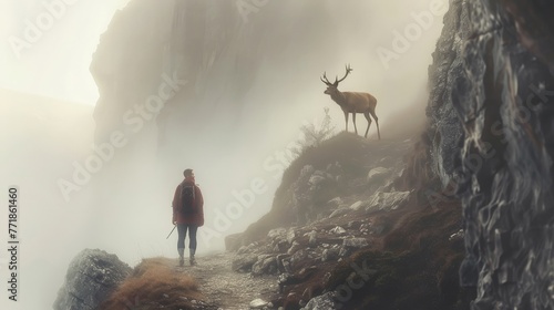 An image capturing a solitary hiker facing a majestic deer on a foggy mountain trail, the mist adding a layer of mystery and connection between human and wildlife.