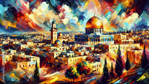 Jerusalem's Majesty: Acrylic Painting of Al-Aqsa Mosque and Cityscape