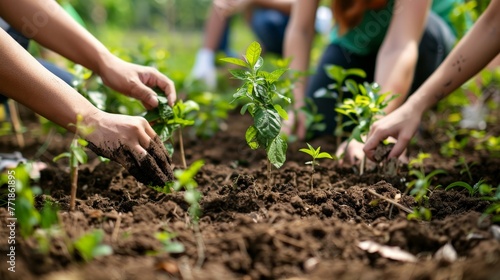 An image capturing the hands of diverse volunteers planting trees in a deforested area, symbolizing hope and the collective effort to restore natural habitats. photo