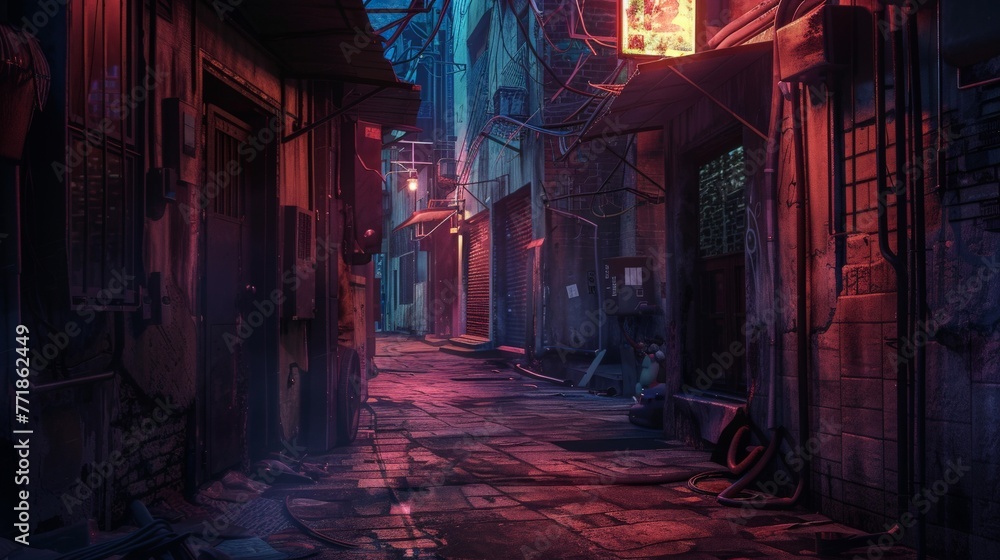 Fototapeta premium An image capturing the mysterious ambiance of a dimly lit alleyway in a bustling city at night, with shadows and light playing off the walls, hinting at untold stories and hidden secrets.