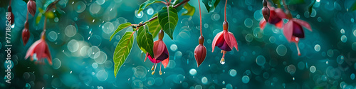 Fuchsia magellanica (Hummingbird fuchsia) flower on blurred green background. Purple tropical exotic flower in spring garden in rainy day. Elf flower. Floral backdrop for card, banner, poster