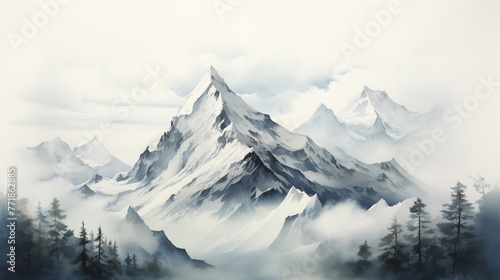 A watercolor painting of a mist-shrouded forests and mountains in a tranquil landscape, creating a sense of depth and serenity.