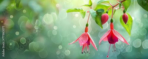 Fuchsia magellanica (Hummingbird fuchsia) flower on blurred green background. Purple tropical exotic flower in spring garden in rainy day. Elf flower. Floral backdrop for card, banner, poster photo