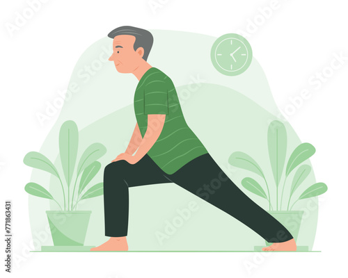 Senior Man Stretching Leg for Yoga Exercise at Home
