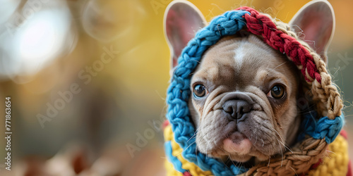 French bulldog wearing blue knitted clothes and walking outdoors in snowy forest. Winter fashion for dogs.