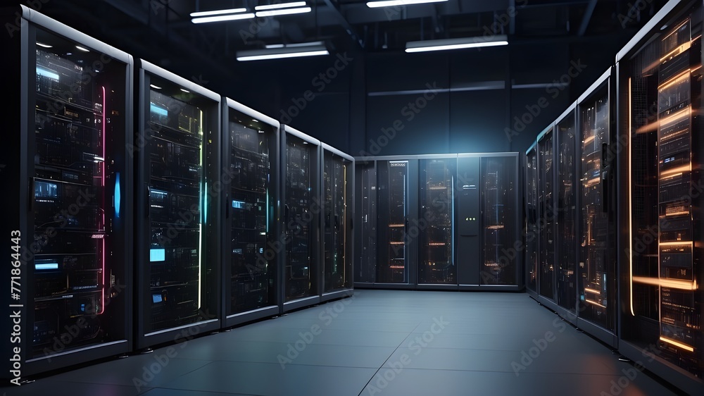 Server racks from a modern data center in a dark room with visual ...