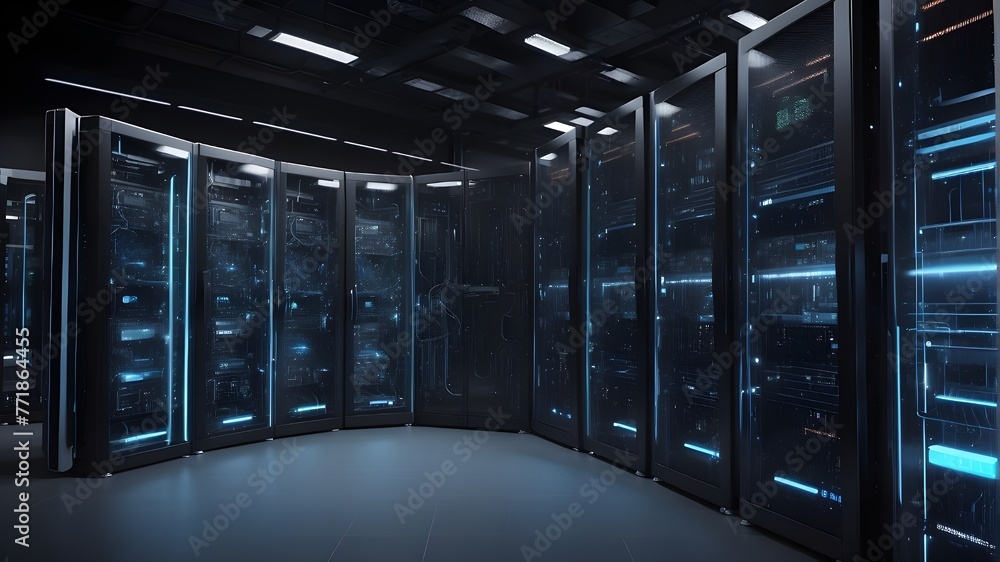 Server racks from a modern data center in a dark room with visual ...
