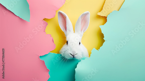 White rabbit peeking through torn pastel colored paper background. Easter poster concept photo