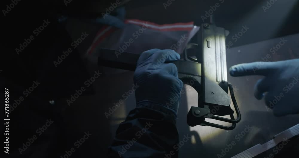 Crime Scene Investigators In Drug Den, Guns and Bullets. Officer Places ...