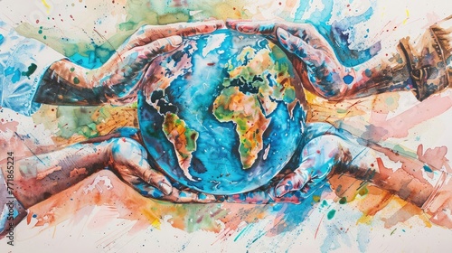 Watercolor style, hands multiethnic people vote, Charity donation, volunteer work, support and assistance, community, Teamwork businesspeople diversity of maintaining peace on the planet concept