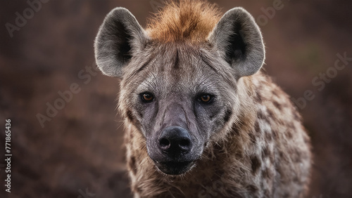 A close-up photograph of a hyena's face.