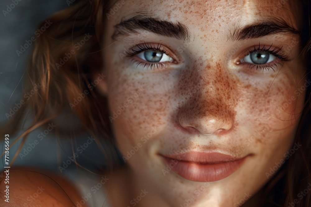 A close up of a woman with freckles on her face A close up of a woman with freckles on her face