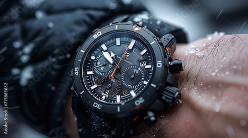 Capture the essence of rugged masculinity in a sporty chronograph watch, with its robust construction and bold design exuding confidence and strength. photo