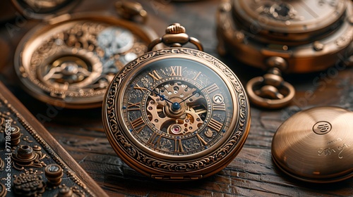 Capture the intricate details of a vintage pocket watch, highlighting its aged brass casing and delicate engravings, evoking a sense of timeless elegance.