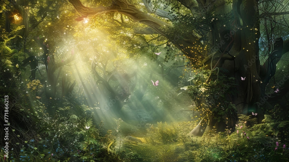 An image depicting a magical moment in an enchanted forest, where the natural world seems alive with mystical creatures and ethereal light, inviting the viewer into a world of wonder and fantasy. - obrazy, fototapety, plakaty 