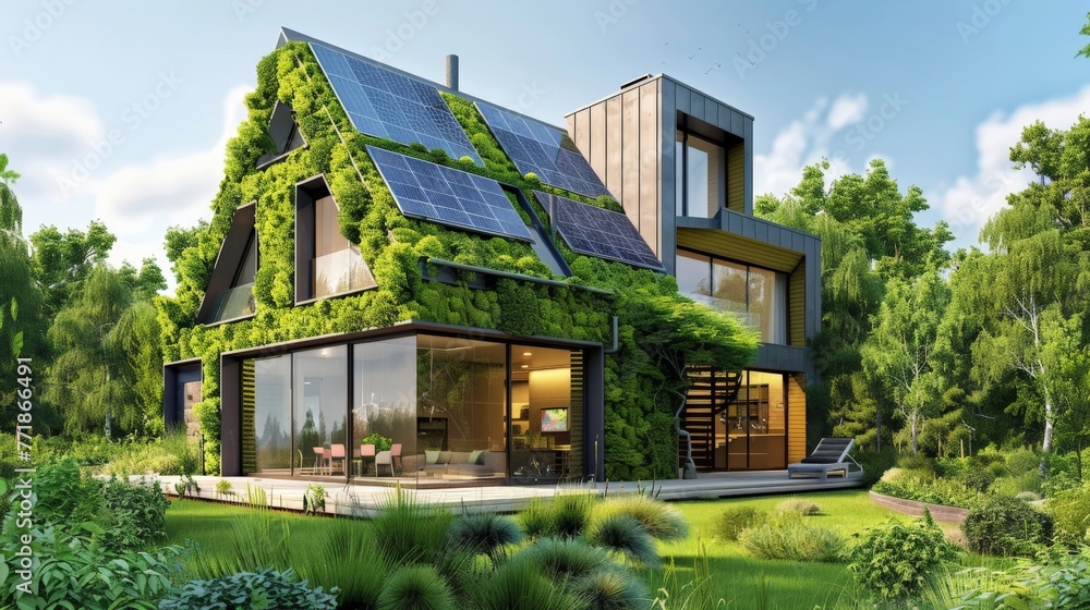 An image depicting a modern, eco-friendly home, equipped with green technologies like rainwater harvesting and solar panels, promoting sustainable living practices. An image depicting a modern, eco-friendly home, equipped with green technologies like rainwater harvesting and solar panels, promoting sustainable living practices.