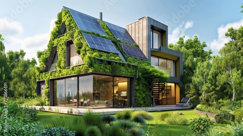 An image depicting a modern, eco-friendly home, equipped with green technologies like rainwater harvesting and solar panels, promoting sustainable living practices.