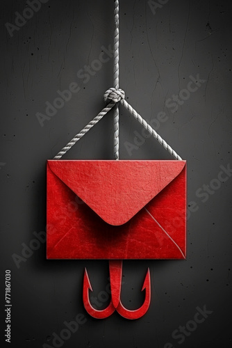 Phishing, Red Envelope Hanging From Rope © Jean Isard