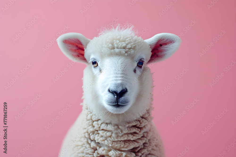 Fototapeta premium Closeup of sheep or ram head on pastel pink background. Cute funny farm animal. Agriculture industry, farming and animal husbandry. Banner with copy space 