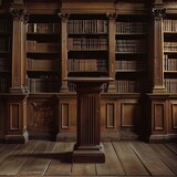 Traditional wood podium in an ancient library suitable for rare book displays