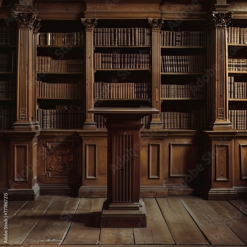 Traditional wood podium in an ancient library suitable for rare book displays photo