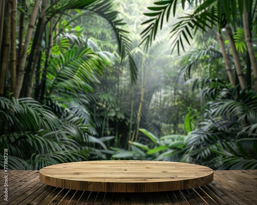 Tropical Bamboo Podium front view focus with Lush Rainforest Background ideal for ecofriendly apparel displays