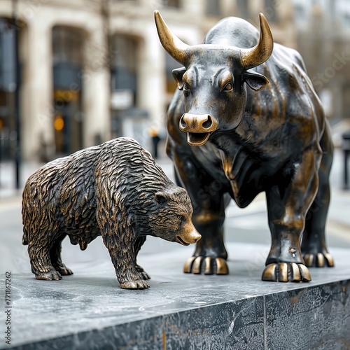 A bull and bear statue  symbolizing the ups and downs of stock market trends