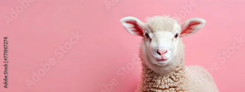 Closeup of sheep or ram head on pastel pink background. Cute funny farm animal. Agriculture industry, farming and animal husbandry. Banner with copy space 