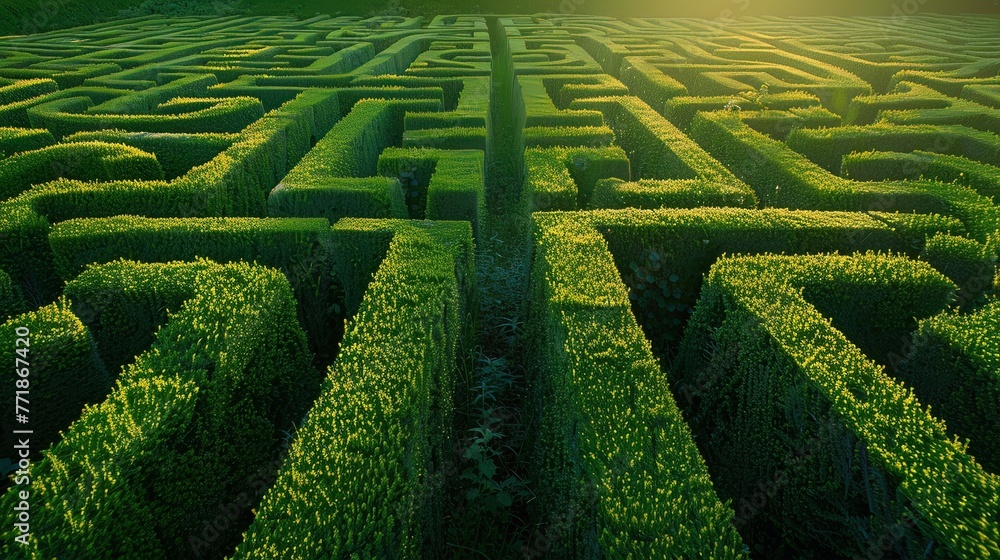 A maze with a clear path leading out, symbolizing the solving of problems on the way to success