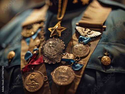 A medal of valor, adorned with national emblems, is pinned on the chest of a hero, symbolizing bravery and sacrifice in service