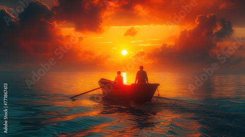 Papel de parede com a silhueta de pescadores com nascer do sol (por do sol)sobre o mar photo
