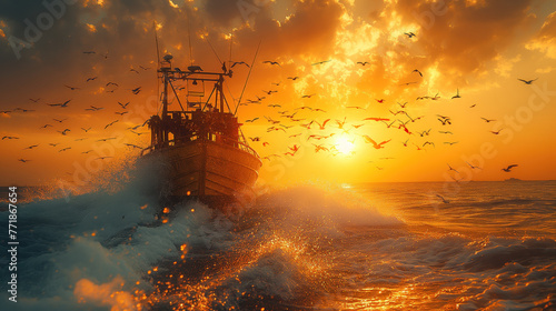 Papel de parede com a silhueta de pescadores com nascer do sol (por do sol)sobre o mar photo