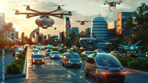 illustrating an advanced autonomous transportation network, with self-driving vehicles, drones, and personal flying devices moving in harmony, showcasing a future of efficient and safe transportation. photo