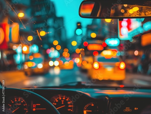 Foto de interior do carro, capturando as vibrantes luzes noturnas da cidade, com carros no trânsito, semáforos e outros elementos urbanos. Uma cena que retrata a agitação e a energia da vida urbana © Dudarte