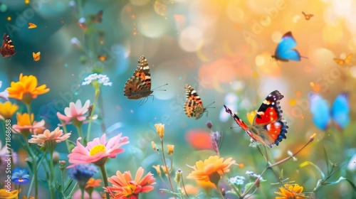 An image showcasing a colorful garden alive with a variety of butterflies flitting among blooming flowers, symbolizing the lively activity and renewal that spring brings. © Sasint