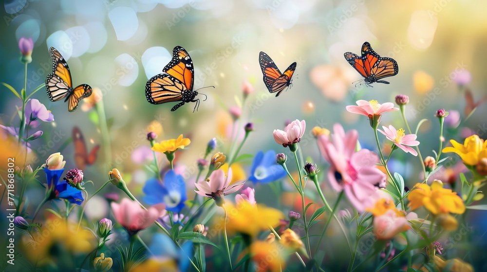 An image showcasing a colorful garden alive with a variety of butterflies flitting among blooming flowers, symbolizing the lively activity and renewal that spring brings.