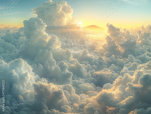 Sunrise Above the Clouds, A Heavenly View with Warm Sunlight Piercing Through, Invoking Inspiration and Awe