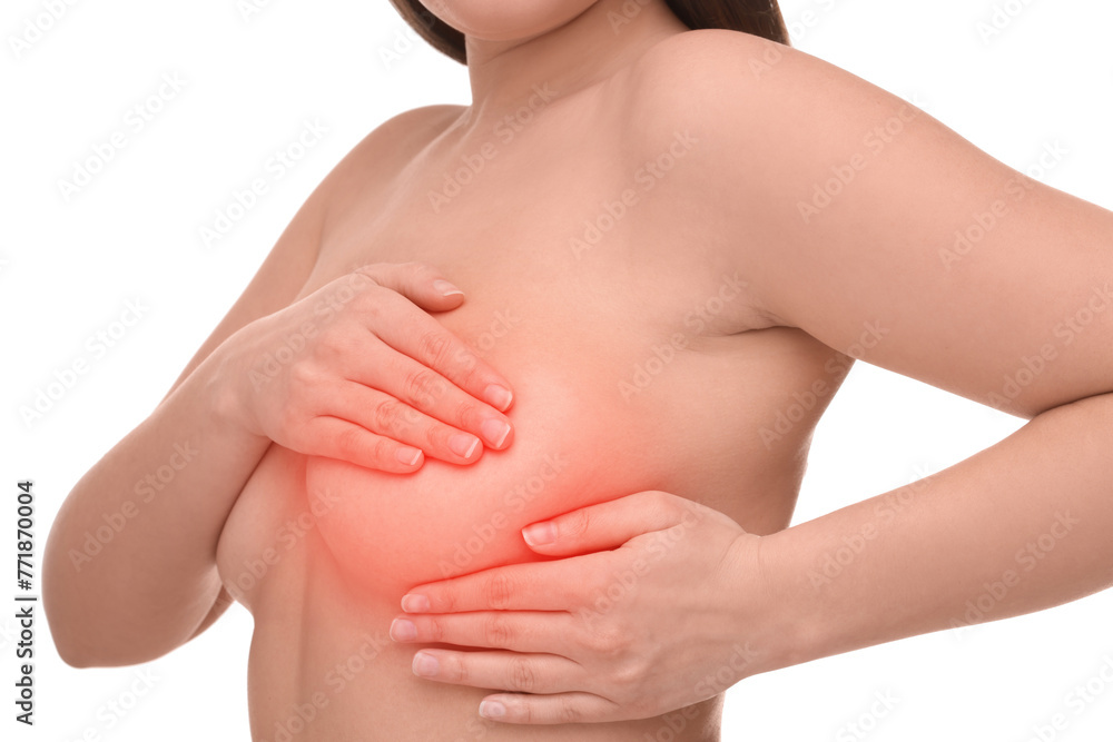 Naked young woman suffering from breast pain on white background, closeup Naked young woman suffering from breast pain on white background, closeup