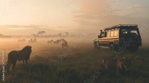 a safari vehicle stopped in the early morning mist, with passengers quietly observing a pride of lions, the fog adding a layer of mystique and reverence to the wildlife viewing experience.